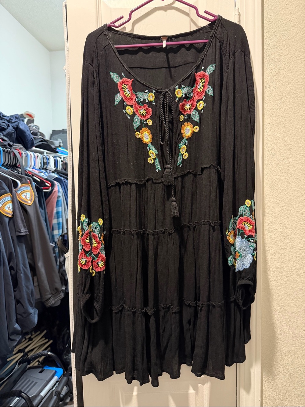 Free People Spell On You Embroidered Black Dress Medium Womens Black Tiered Midi
